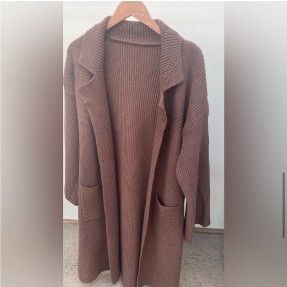Chunky Below Knee Rib Belt Pocket Brown Cardigan Coat Maxi duster long sweater - Picture 5 of 10